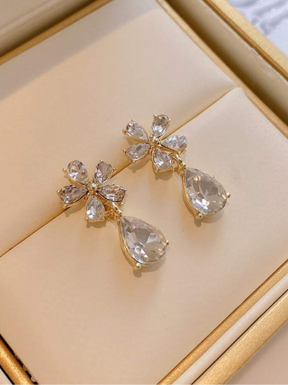 Elegant Yellow Gold Teardrop Crystal Drop Earrings